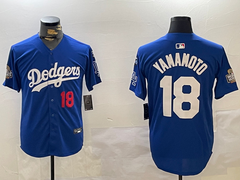 Men Los Angeles Dodgers #18 Yamamoto 2024 World series patch blue jersey 20241120123->los angeles dodgers->MLB Jersey